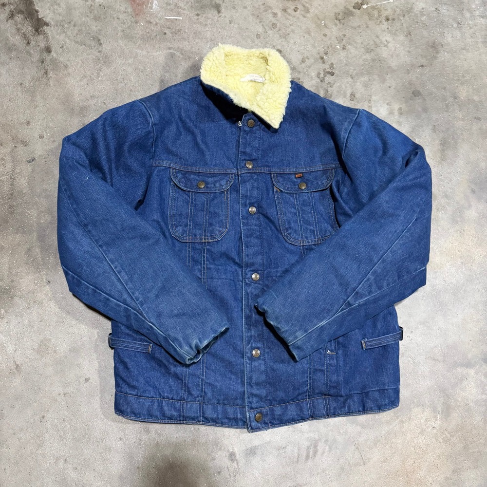 Vintage Key Imperial Mens Blue Denim Sherpa Lined Trucker Jacket Workwear Large